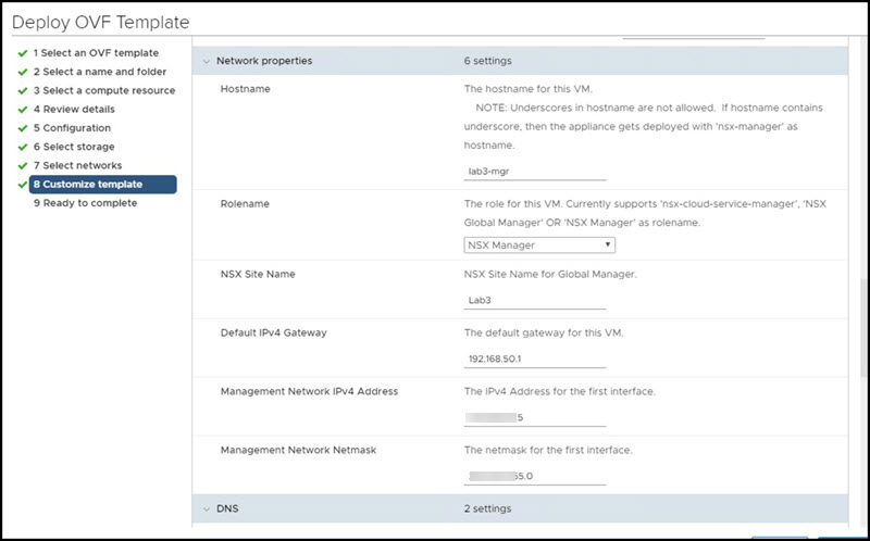 Deploy NSX OVA wizard: Review settings