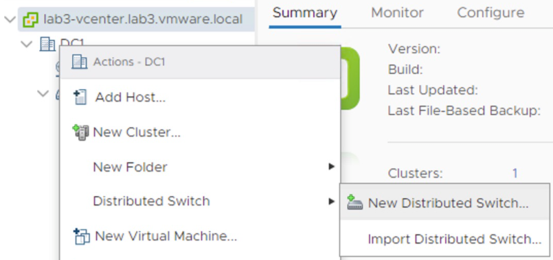 The pop-up menu in vSphere UI for adding a VDS in VC