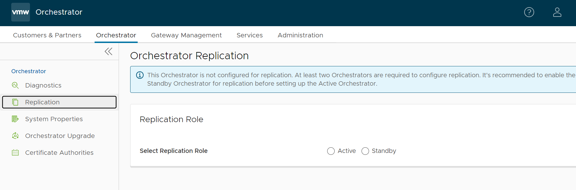 Orchestrator Replication screen - The Standby radio button begins the replication process.
