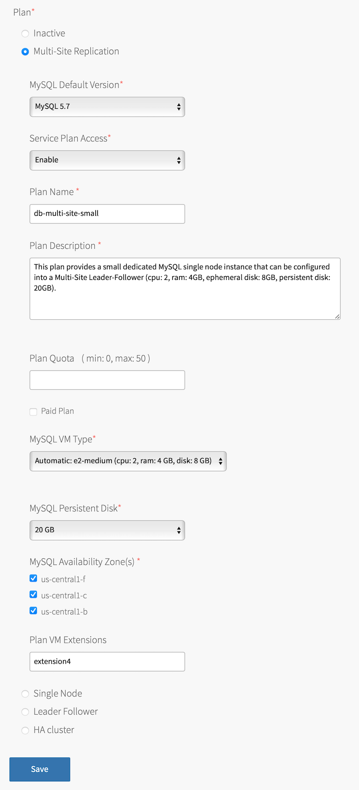 The 'Plan' section is shown and the radio button next to 'Multi-Site Replication' is selected. The table in the next step describes the fields that are revealed after selecting this plan.