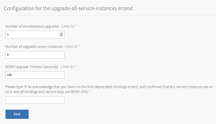 alt-text=Screenshot of service instance upgrades section in the MySQL tile in Ops Manager.