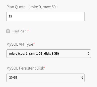 Screenshot of an example plan quota configuration showing the plan quota field set to 15, VM type set to micro, and persistent disk type set to 20 GB