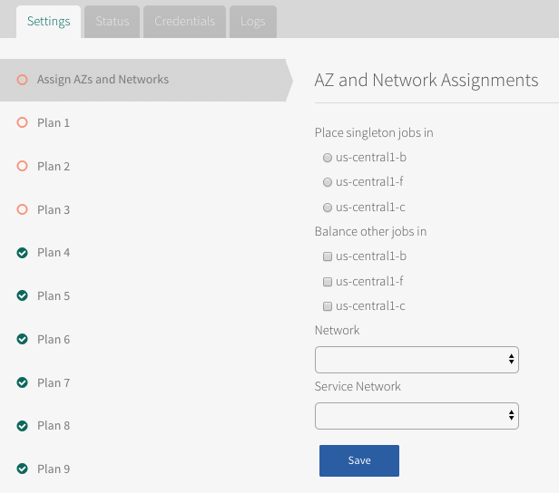 alt-text=On the left side of the image, Assign AZs and Networks is selected. The AZ and Network Assignments configuration pane is shown. See the following section for a description of the fields in this pane.