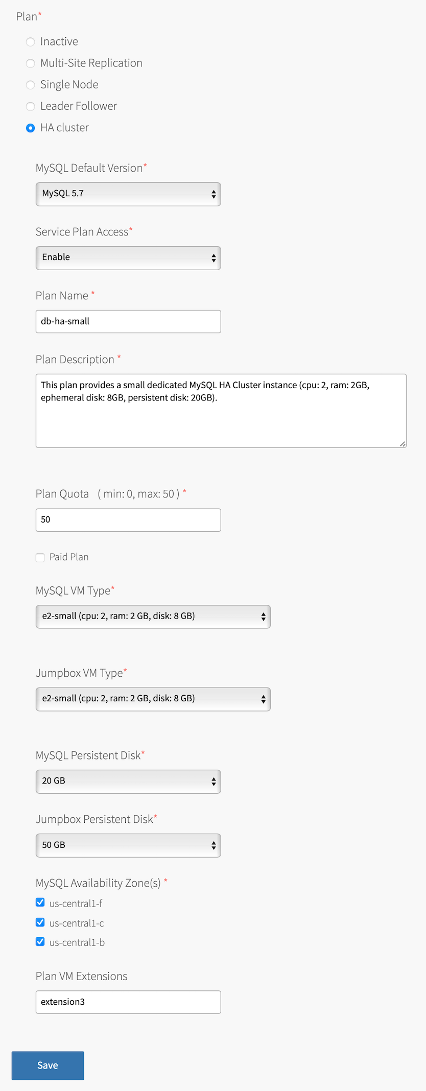 The 'Plan' section is shown and the radio button next to 'HA cluster' is selected. The table in the next step describes the fields that are revealed after selecting this plan.