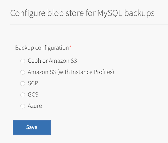 The radio buttons for backup configuration are Ceph or Amazon S3, Amazon S3 (with Instance Profiles), SCP, GCS, and Azure.