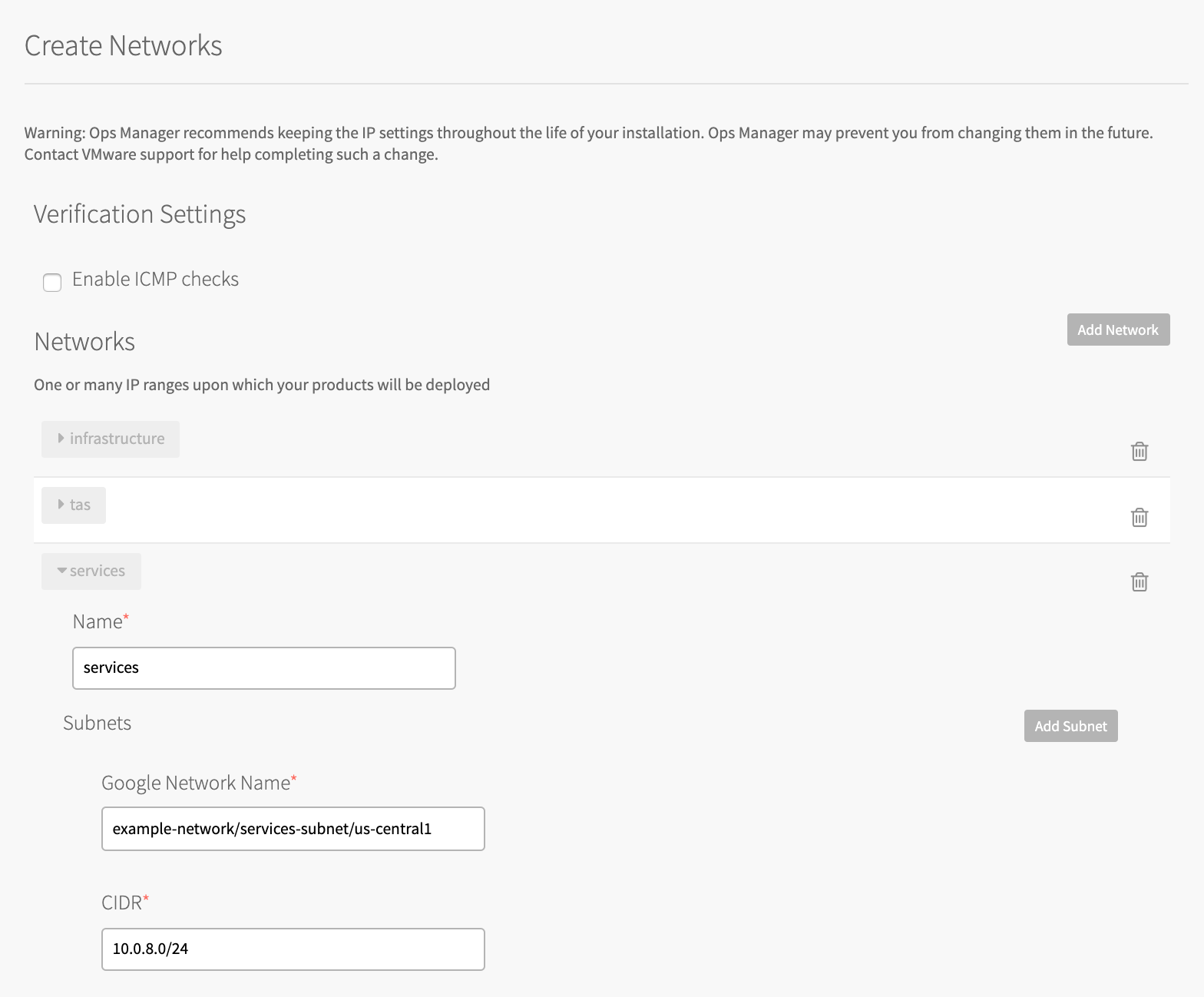 alt-text=In the Create Networks pane, in the Networks section the services network is expanded. The Name, Google Network Name, and CIDR, fields are shown.