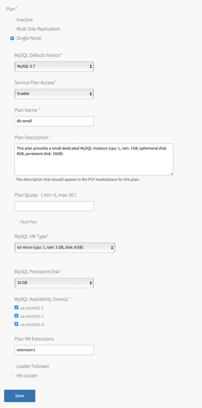 The 'Plan' section is shown and the radio button next to 'Single Node' is selected. The table in the next step describes the fields that are revealed after selecting this plan.