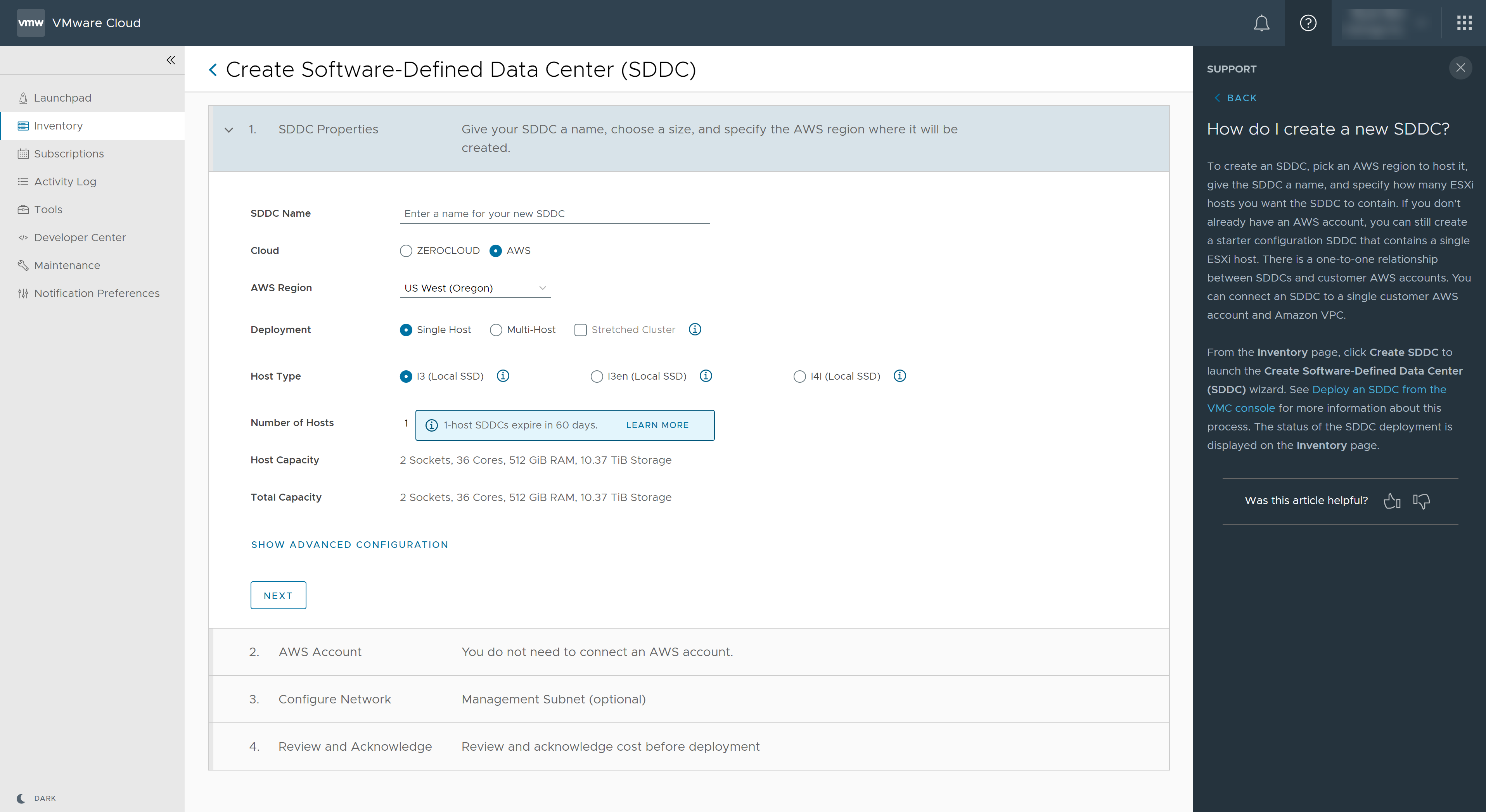 Screenshot of the UI for creating an SDDC on VMware Cloud on AWS.