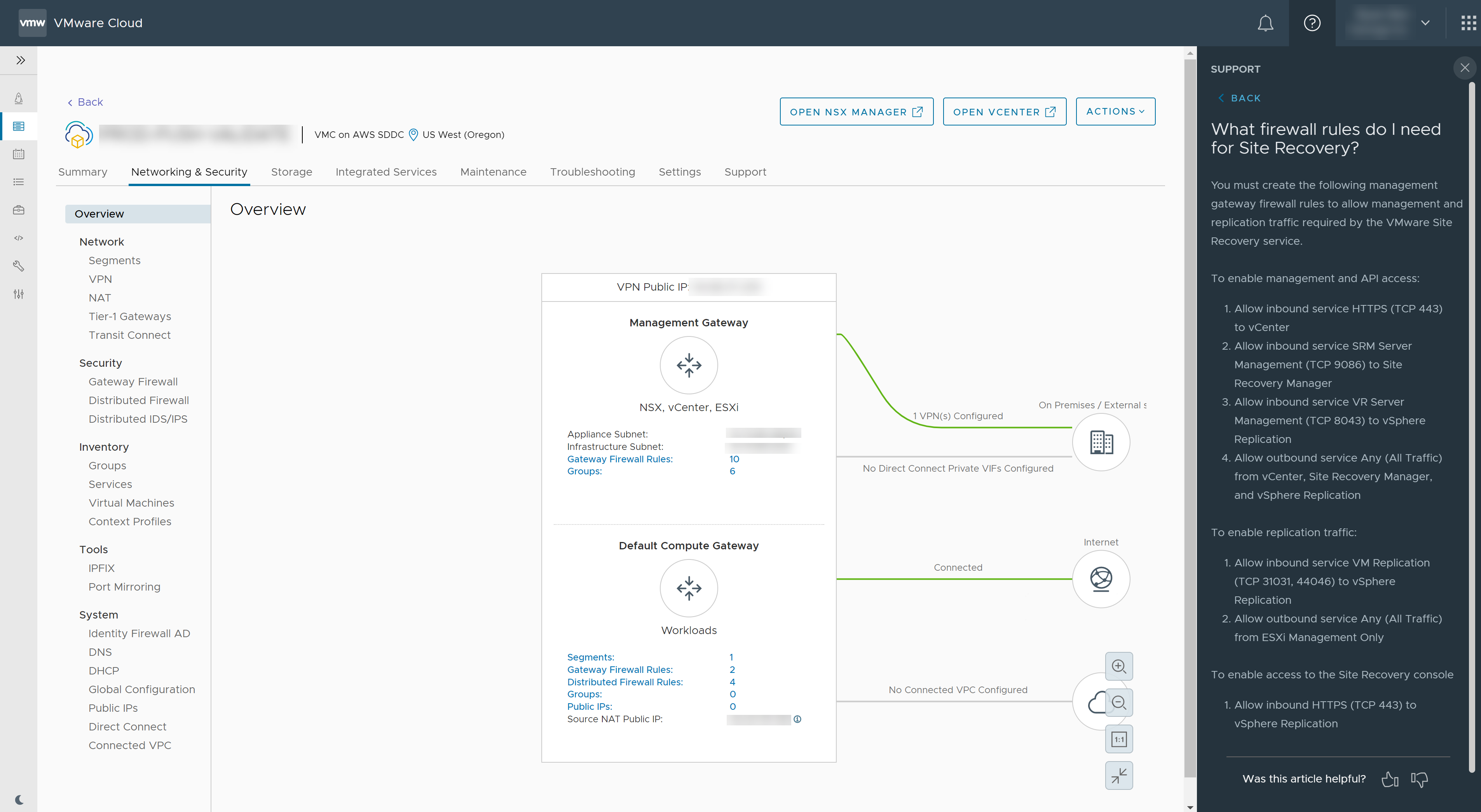 Screenshot of the UI for creating the firewall rules between the on-premises site and VMC on AWS.