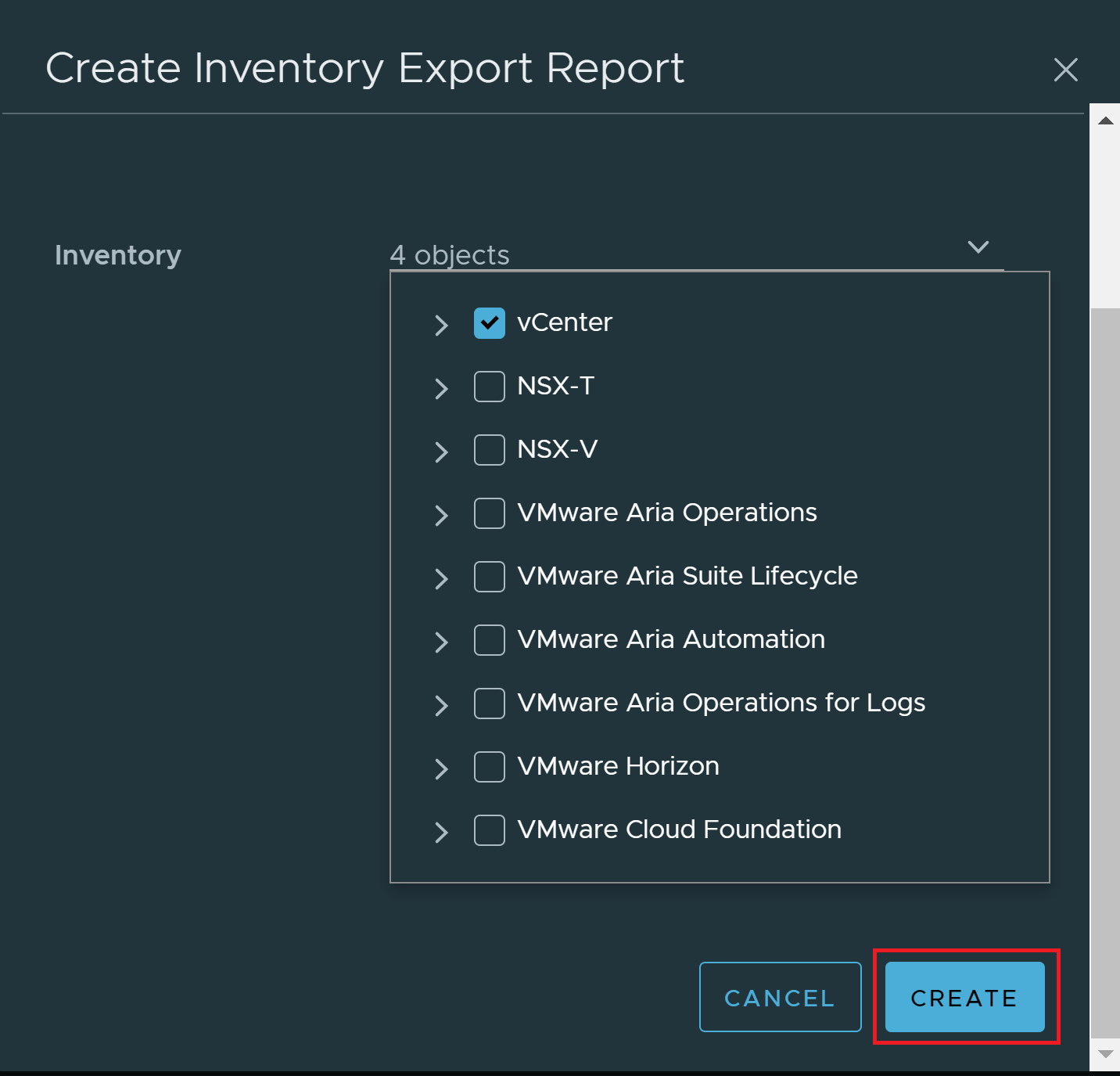 Create Inventory Export Report pop-up is shown. Create button is highlighted.