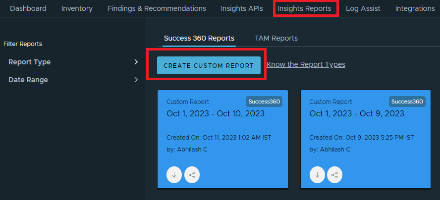 The Insights Reports page displayes Success 360 Reports. And the Create Custom Report button is highlighted.