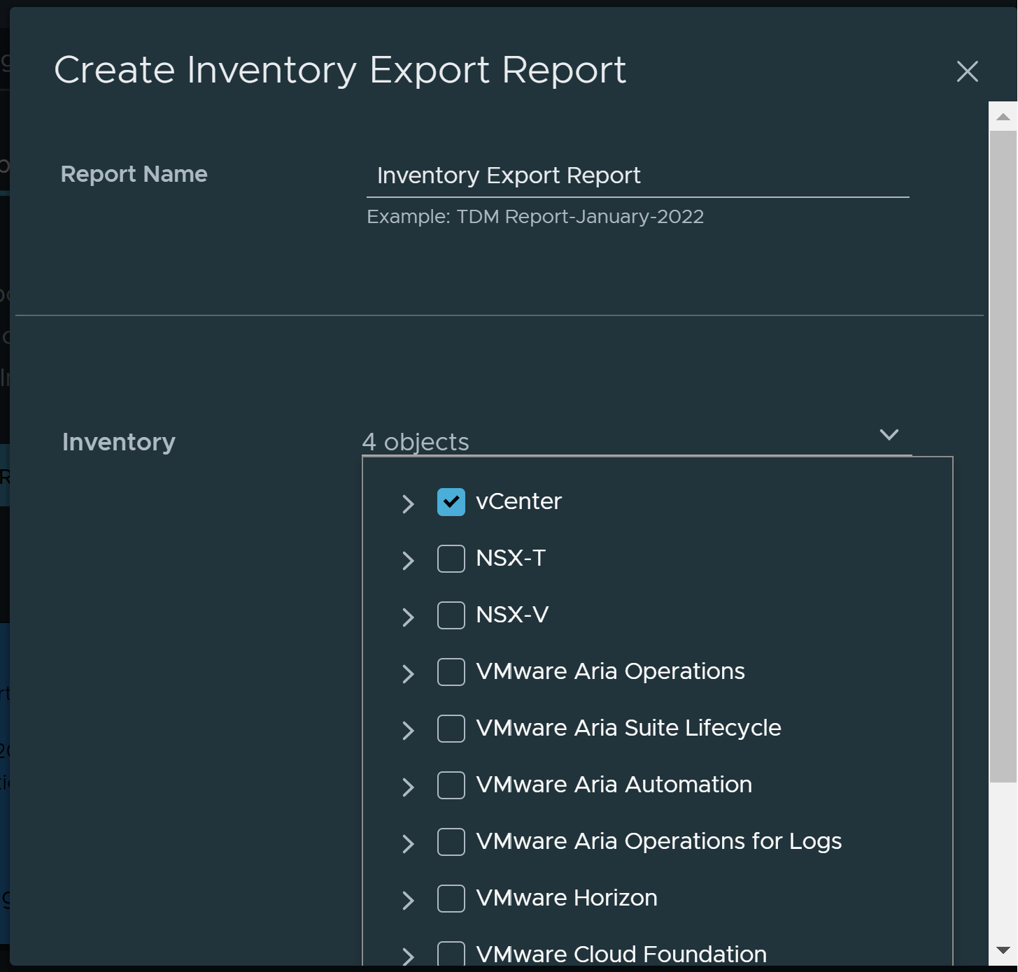 Create Inventory Export Report pop-up is shown. Report Name is entered and Inventory is selected.