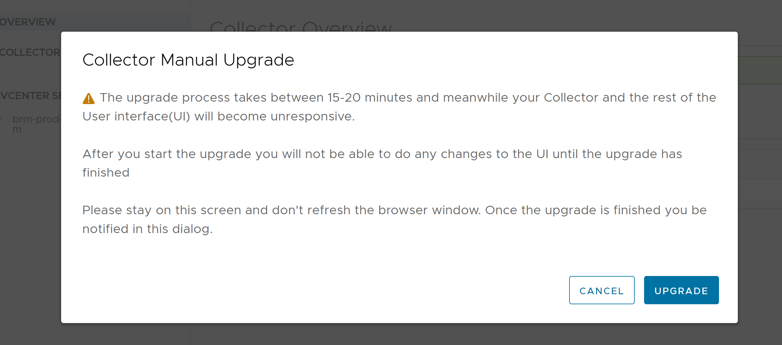 The Collector Manual Upgrade page displays the UPGRADE button.