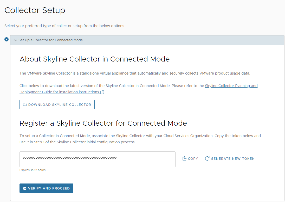 Displays the Skyline Collector Setup page. Click Copy to copy the Token and register the collector. Click Verify and Proceed after registration.