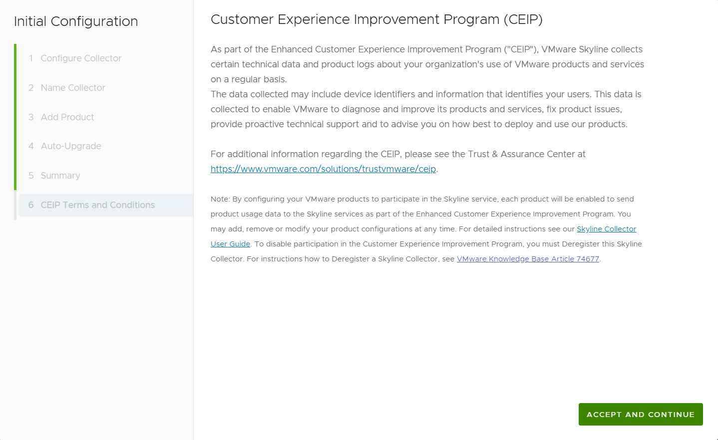 The Customer Expereince Improvement Programme (CEIP) page is displayed with the ACCEPT AND CONTINUE button in the bottom.