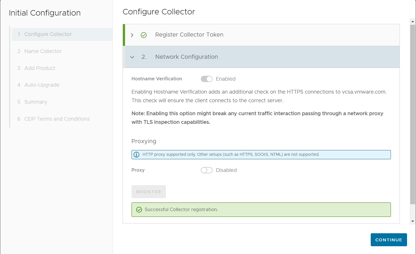 Configure Collector page is displayed with a message as 'Successful Collector registration'. Also, a Continue button is provided.