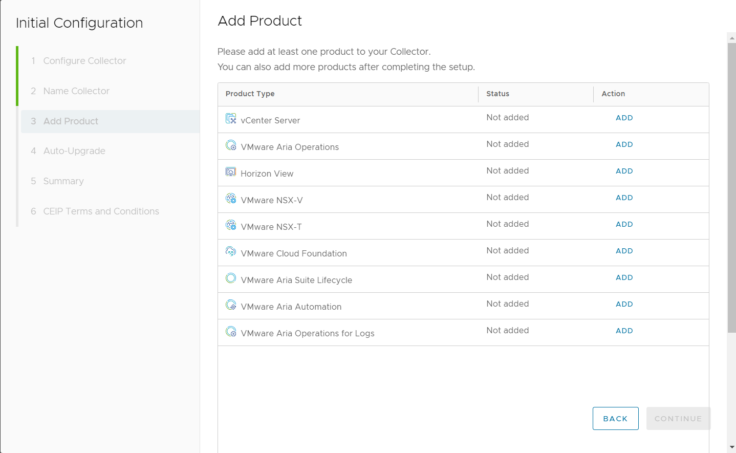 Add Product page is displayed. Here, a list of all the Product Type with Status and Action column is provided. Each product typ has a ADD next to it. Back and Continue buttons are provided at the bottom.