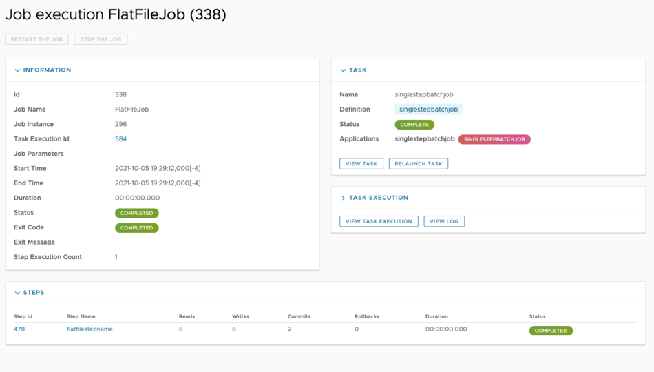 The Job execution page for the task you just launched.