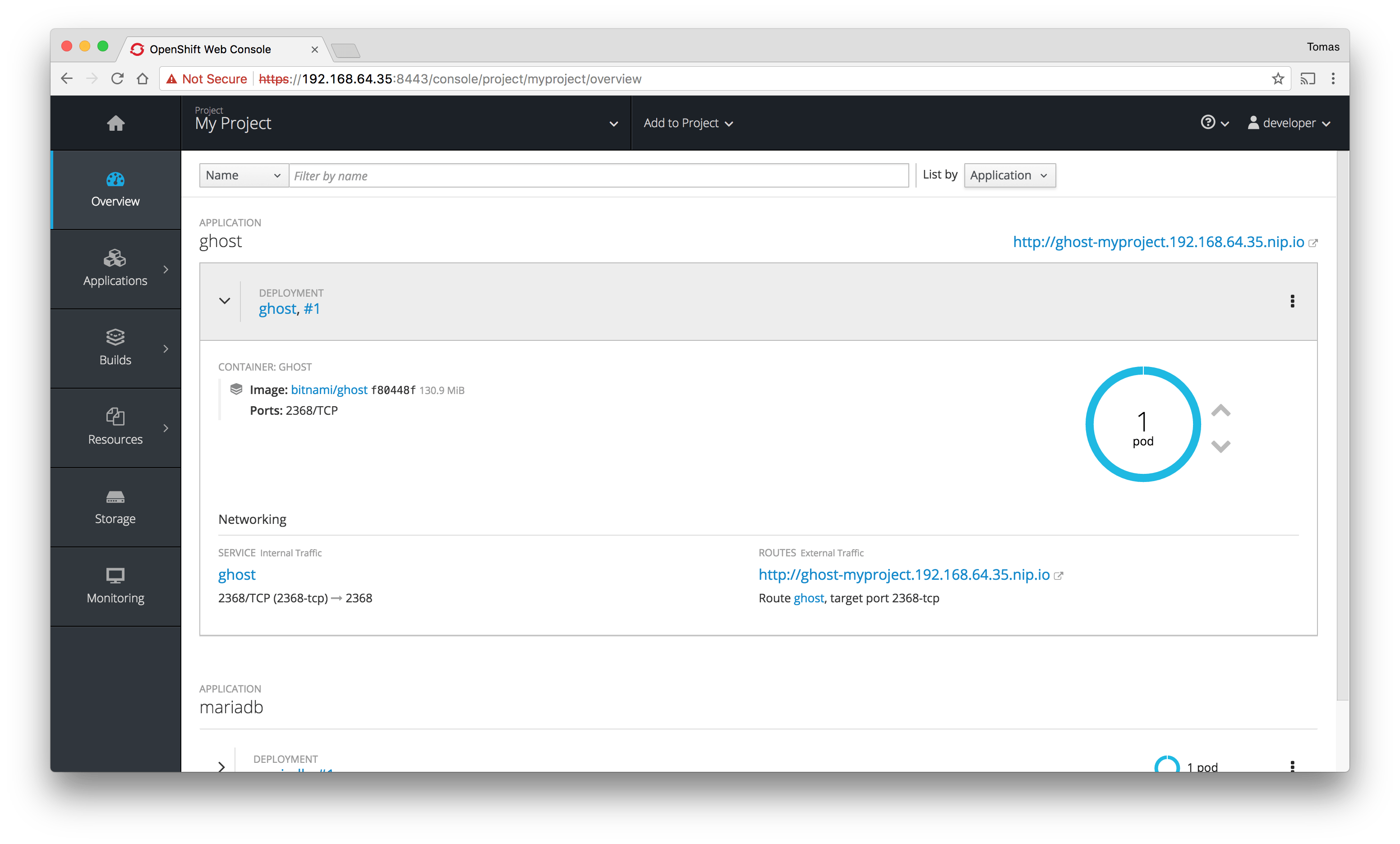 Minishift dashboard view