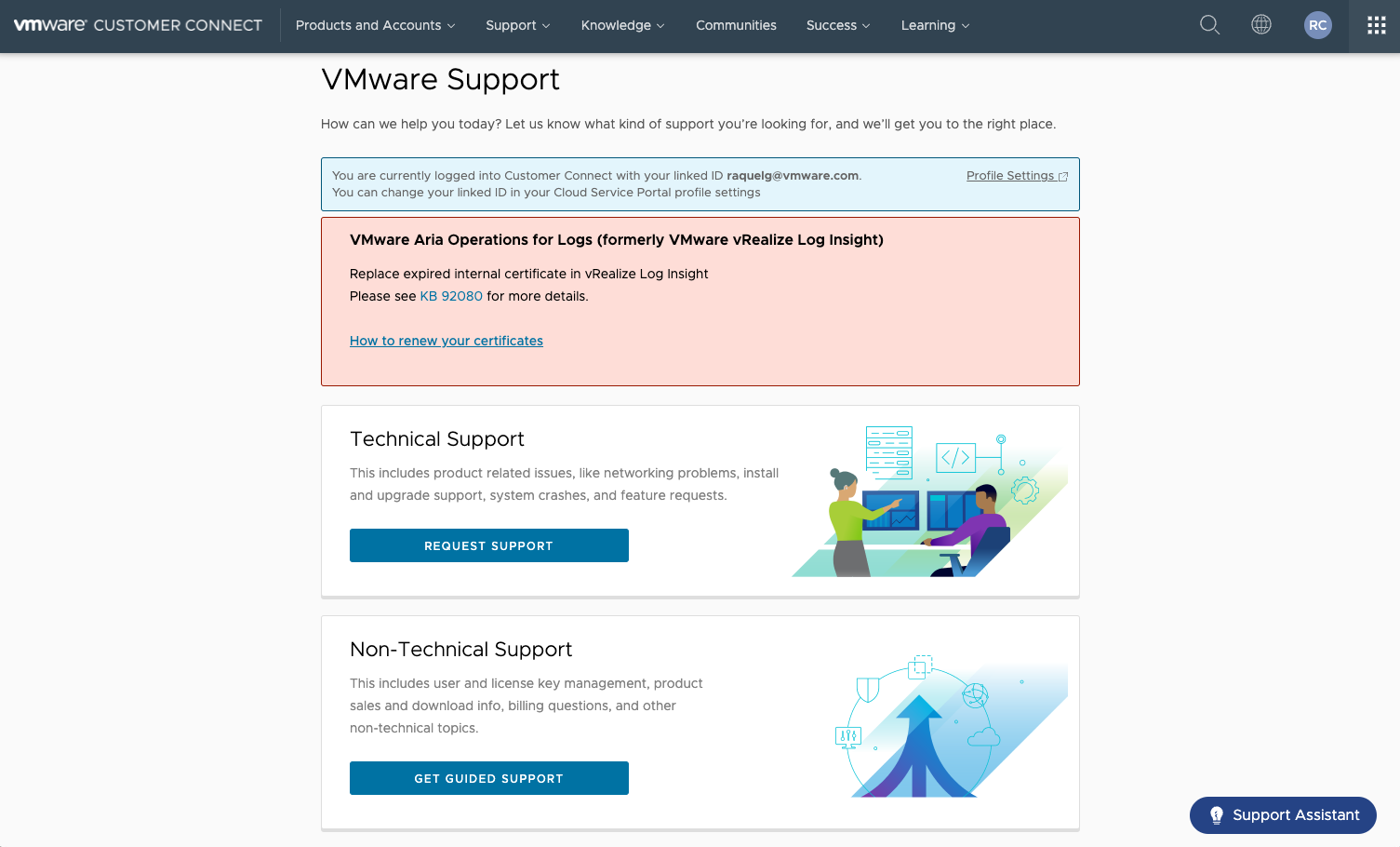 Support requests on VMware Cloud Services Console