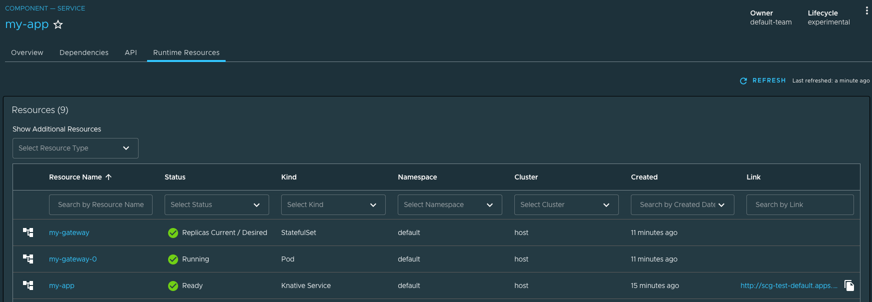 Tanzu Developer Portal showing the running Spring Cloud Gateway resources.