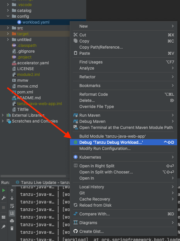 The IntelliJ interface showing the project tab. The workload YAML file pop-up menu is open. The Tanzu Debug Workload option is highlighted.