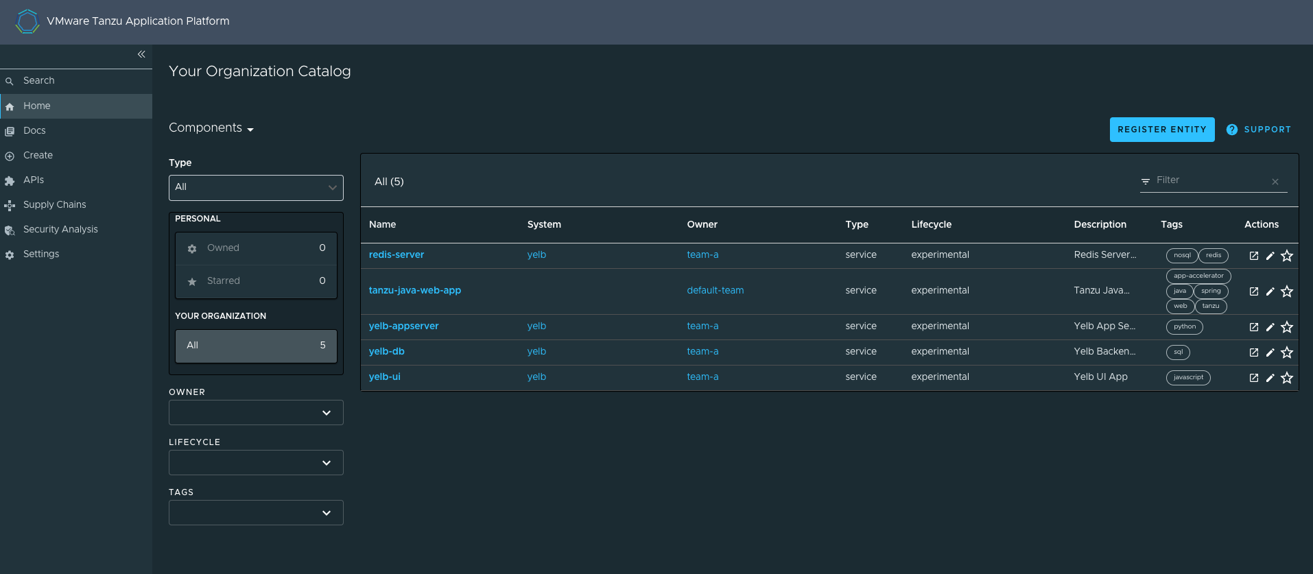Screenshot of a Tanzu Application Platform catalog displayed within Tanzu Developer Portal.