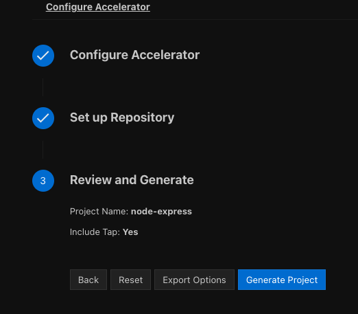 The Review and Generate page with the Export Options button highlighted.