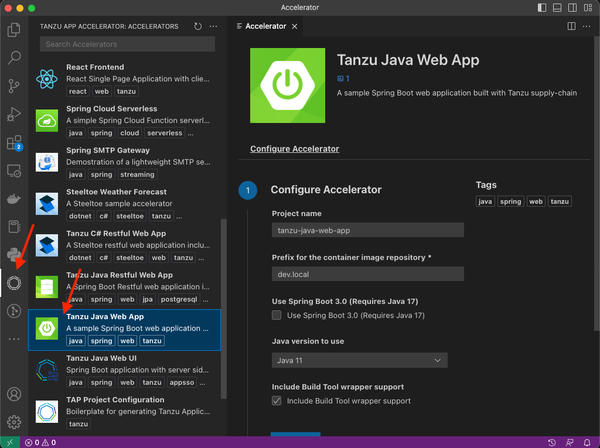 Selecting Tanzu Java Web App in the Visual Studio Code UI.