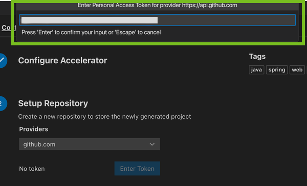 The Setup Repository step in the Visual Studio UI showing the dialog box to enter the personal access token for your provider.
