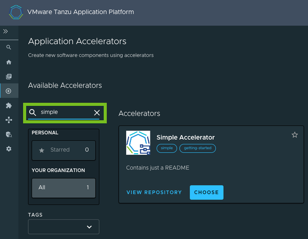 Image of searching for the accelerator in Tanzu Developer Portal.