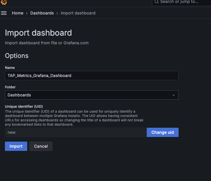 Section of the Import dashboard page, which shows the name box and the folder drop-down menu.