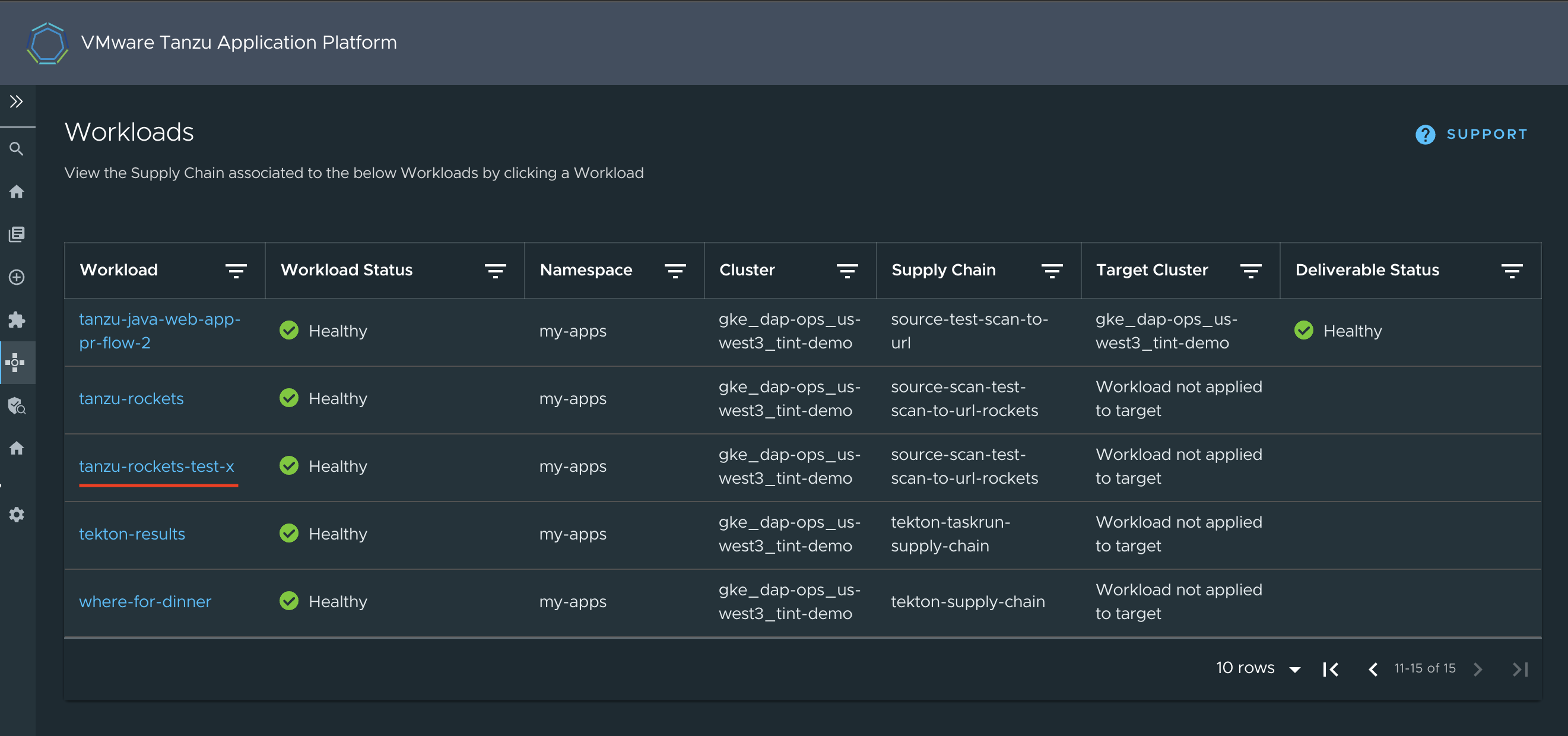 Screenshot of Workloads list with the tanzu-rockets-x workload listed.