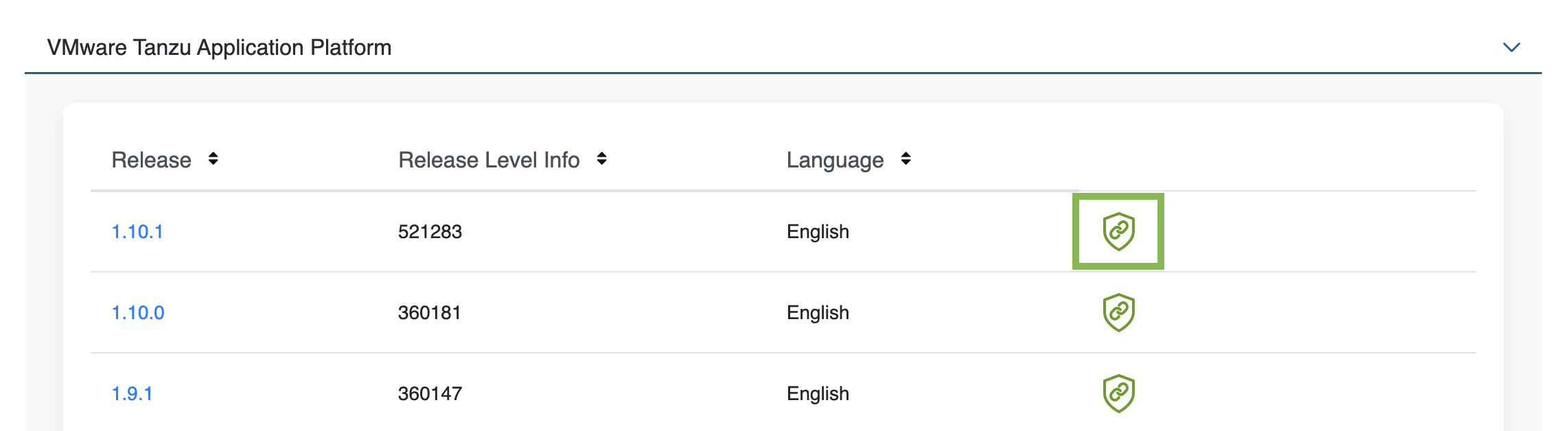 Screenshot of the Tanzu Application Platform download page in the Broadcom Support Portal
with the Token Download icon highlighted.