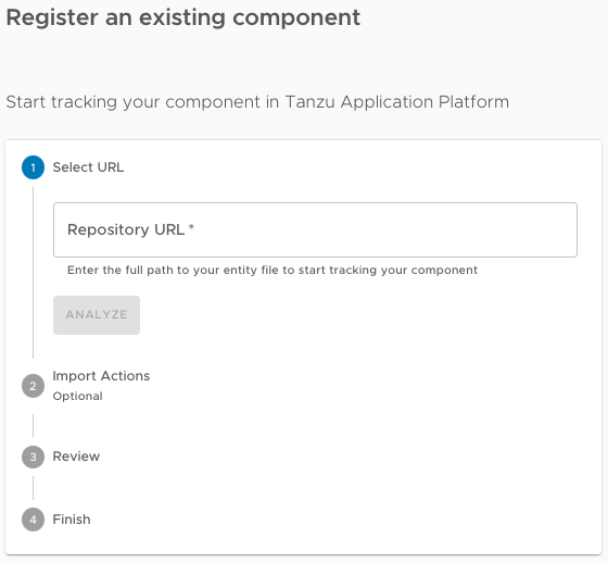 Screenshot of the page to register an existing component, showing Repository URL text box and Analyze button.