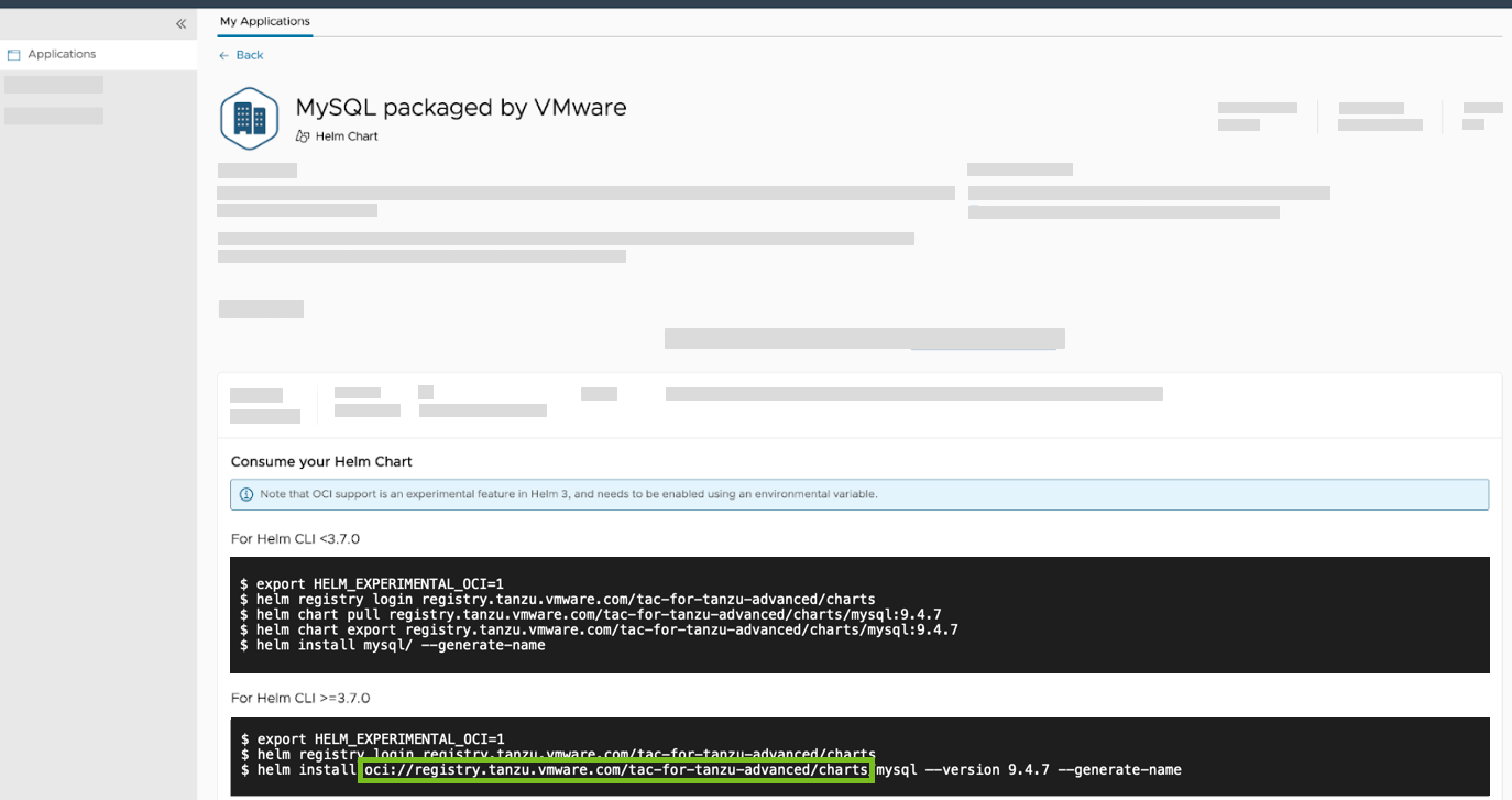 A MySQL Helm chart page in the Tanzu Application Catalog UI. The repo name is highlighted in the list of commands for consuming the Helm chart.