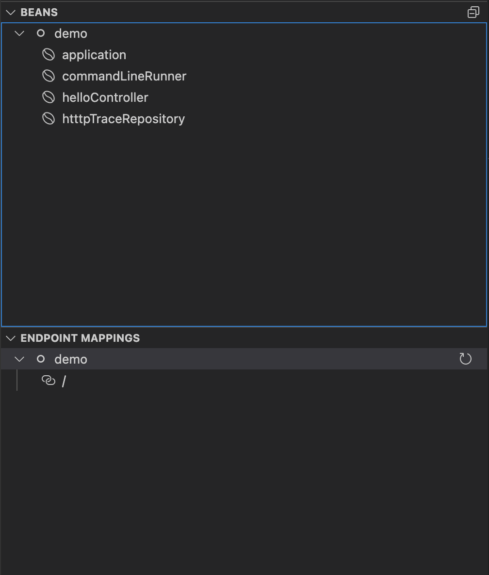 Spring Boot Dashboard showing Live Beans and Live Endpoint Mapping information.