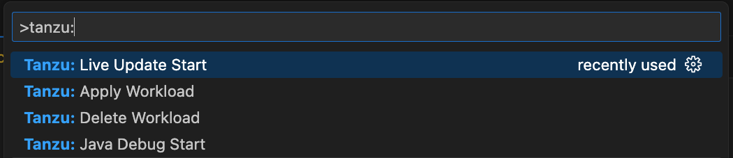 Tanzu commands in the command palette. Tanzu: Live Update Start is highlighted.