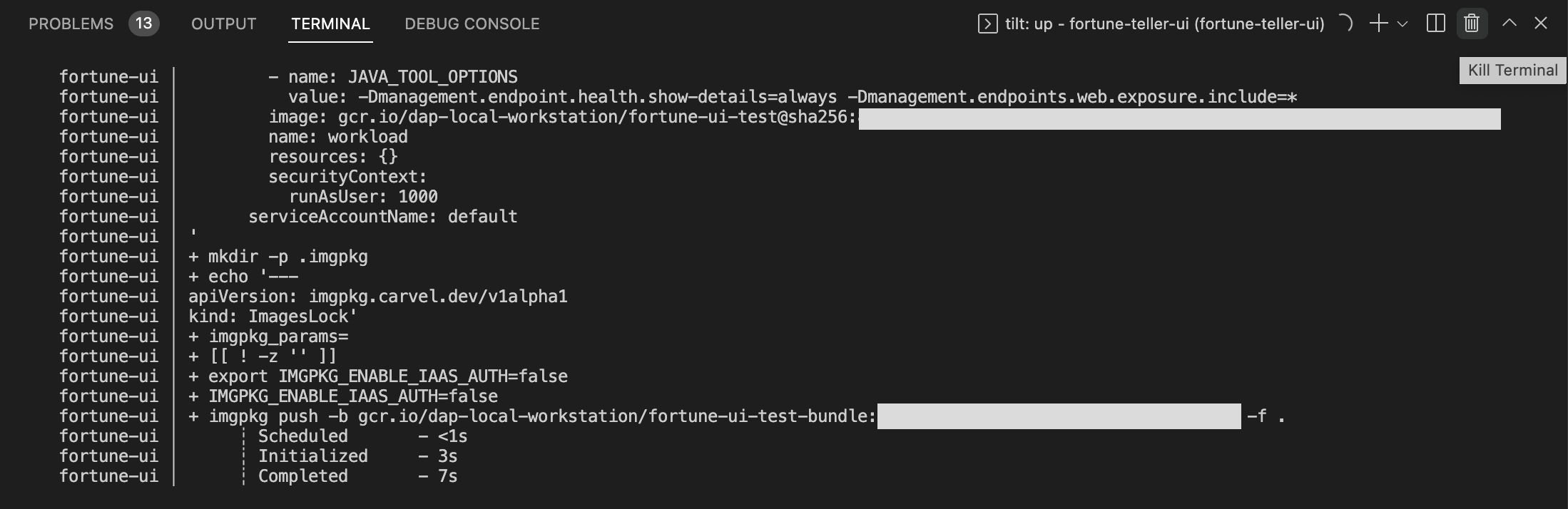 The VS Code interface showing the terminal window with the pointer on the trash can button.