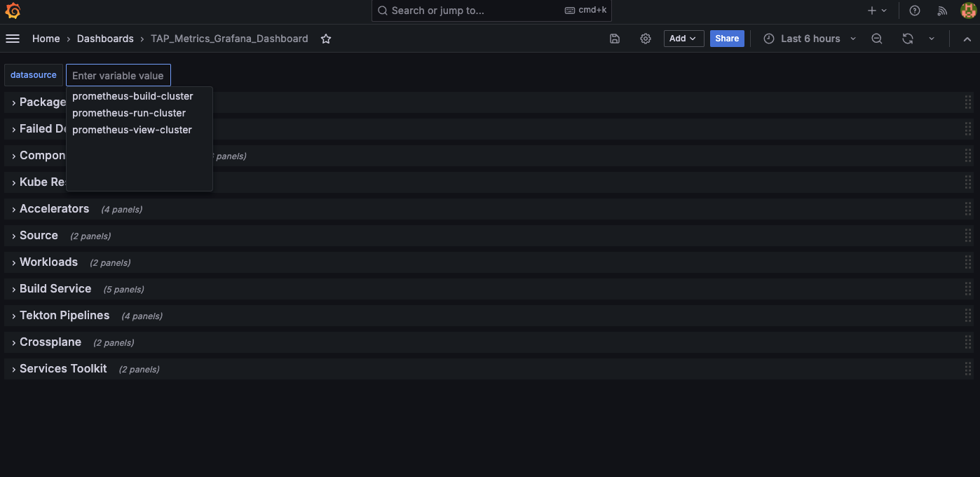 Sample dashboard. Suggestions are listed below the variable value box.