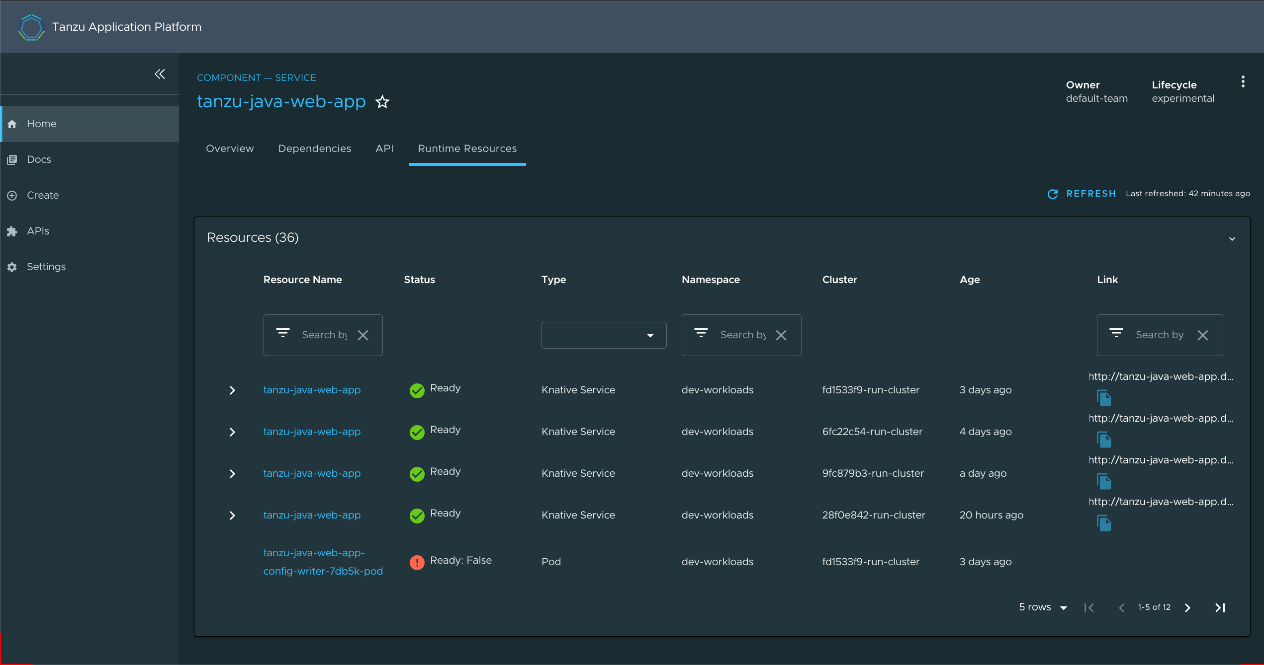 Screenshot of Runtime Resources showing a table of 36 resources.