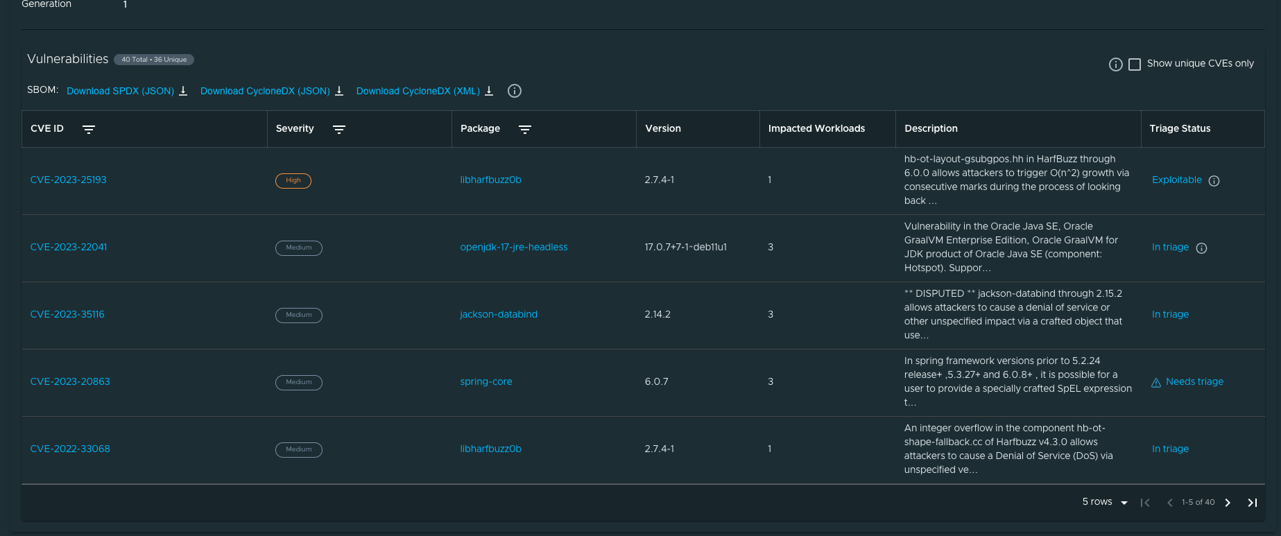 Vulnerabilities table displaying information for scan stages.