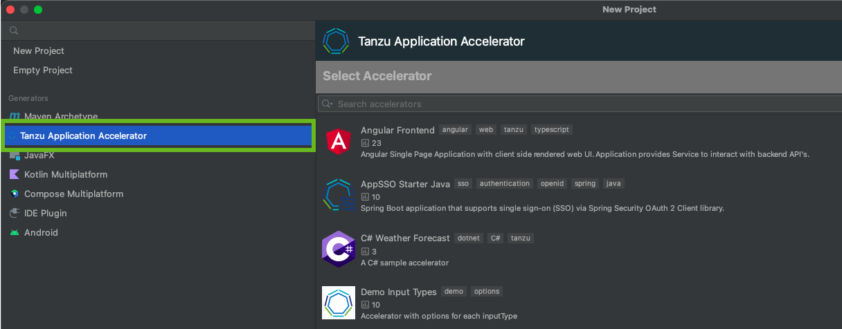 The IntelliJ UI with Tanzu Application Accelerator selected in the Generators list in the left panel.