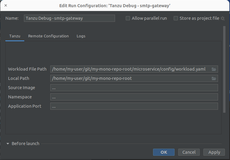 Edit Run Configuration window for Tanzu Debug dash SMTP-gateway.