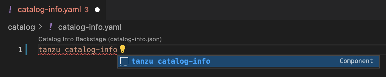 A new file called catalog-info dot yaml with the words tanzu catalog-info written in it and an action menu showing tanzu catalog-info.