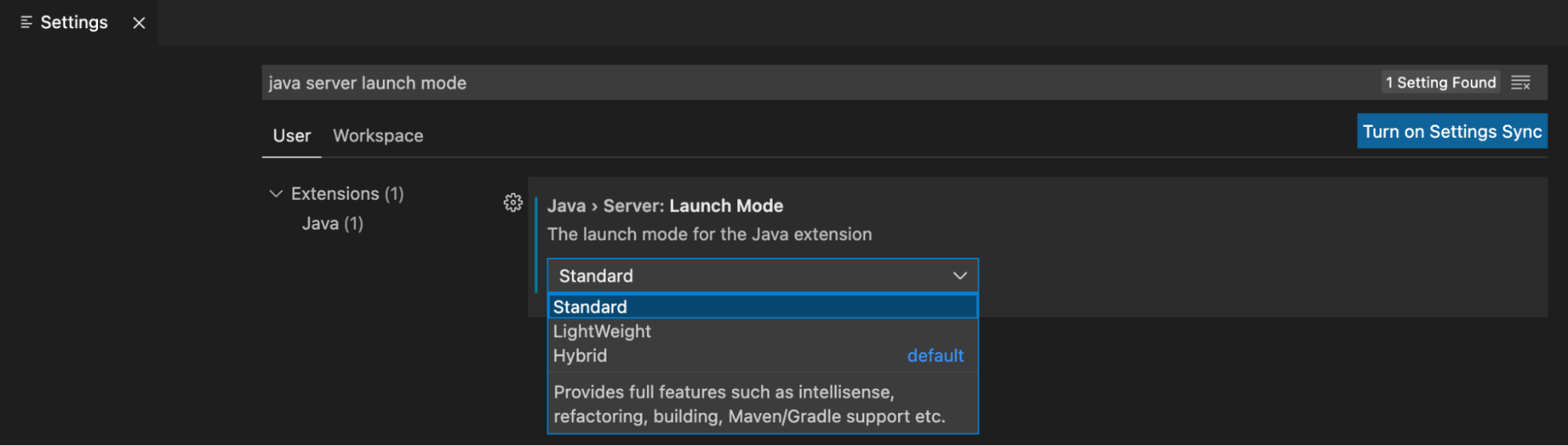The VS Code settings open to the Extensions angle bracket Java section, highlighting the option Java angle bracket Server: Launch Mode with that option changed to Standard