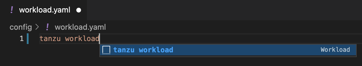 A new file called workload dot yaml with the words tanzu workload written in it and an action menu showing tanzu workload.