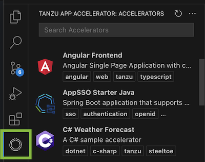In the VS Code Activity Bar, the Tanzu Application Accelerator icon is highlighted.