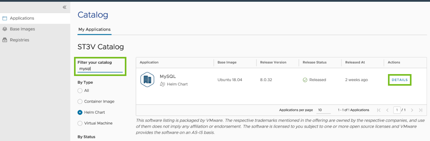 The applications tab in the VMware Tanzu Application Catalog UI. The catalog is filtered with the search term MySQL and by type Helm chart.