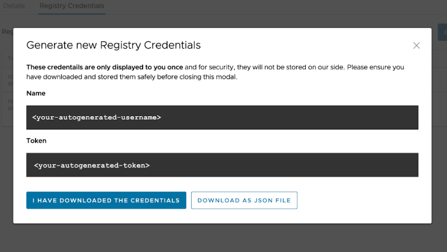 Generate new credentials dialog box showing a name and token.